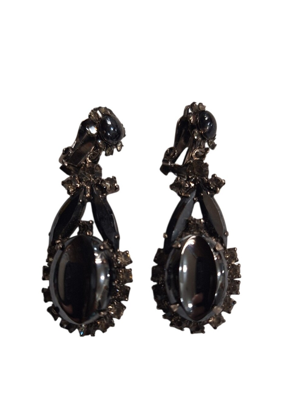 Black Gun Metal Style Clip on Earrings with Crystal Embellishments Vintage Party
